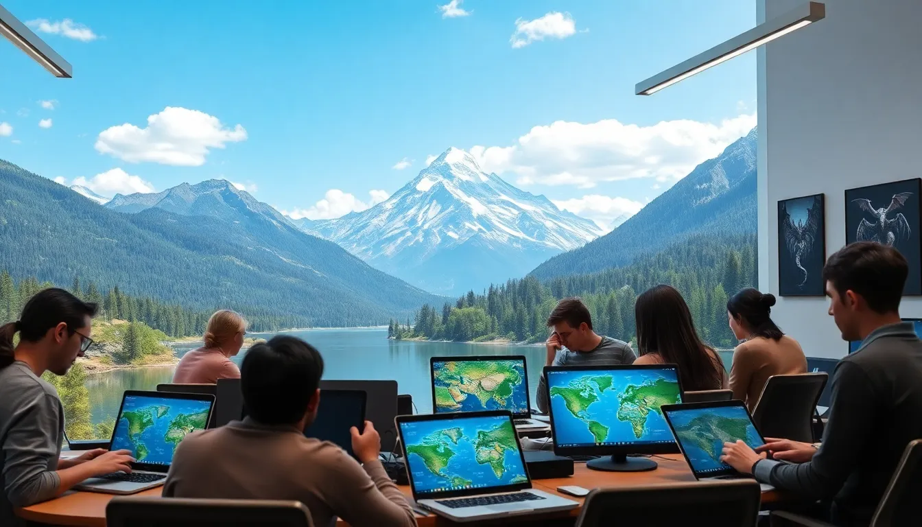 gamers collaborating on Skyrim mods in a modern office.