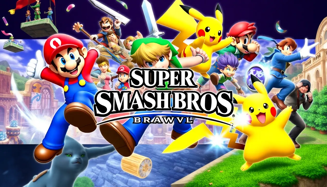 collage of characters from Super Smash Bros Brawl in action poses.