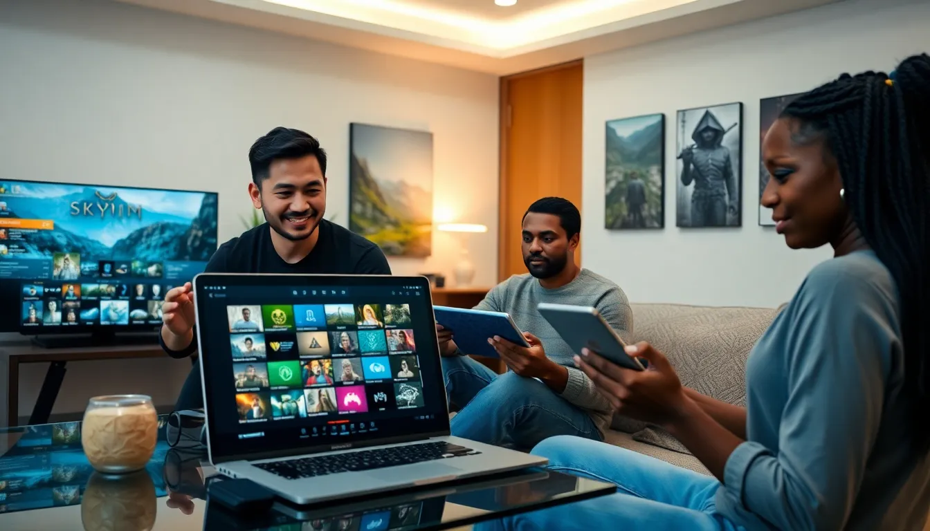 diverse gamers exploring Skyrim mods in a modern office.