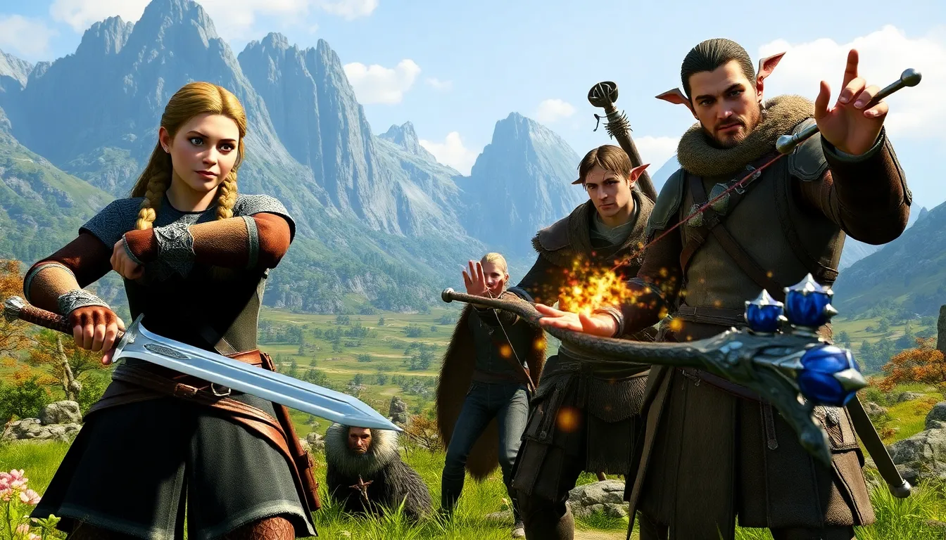 diverse companions in a fantasy landscape from Skyrim.