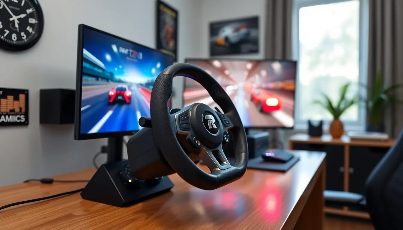 Gran Turismo steering wheel setup with a gaming monitor.