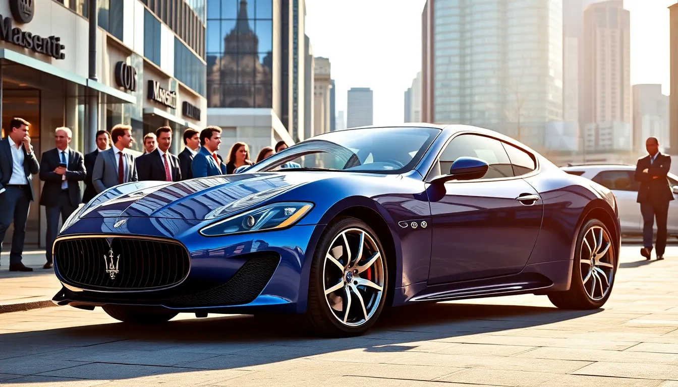 Maserati Gran Turismo in a stylish urban setting with admirers.