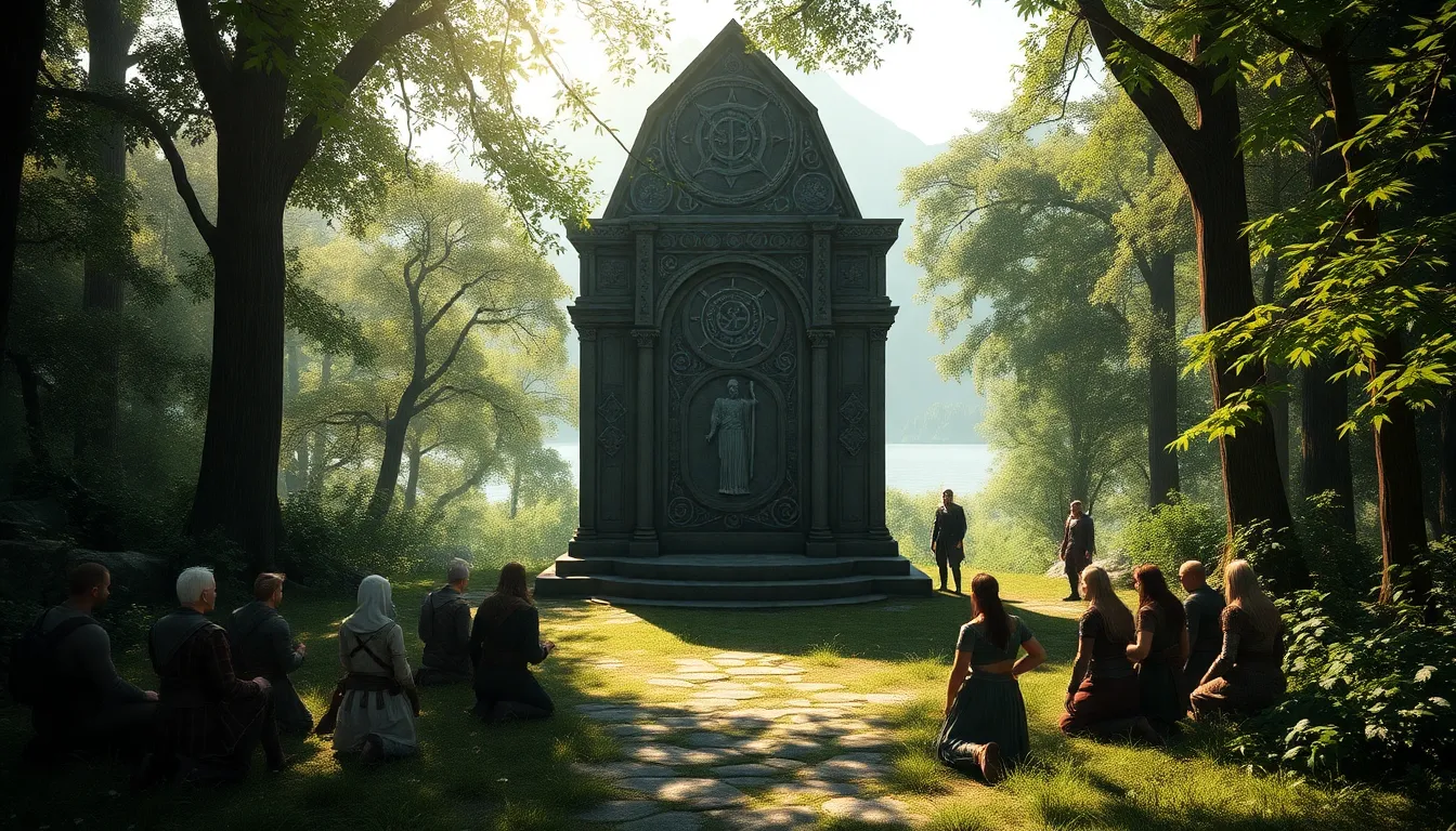 A mystical shrine in a forest with adventurers seeking divine blessings.