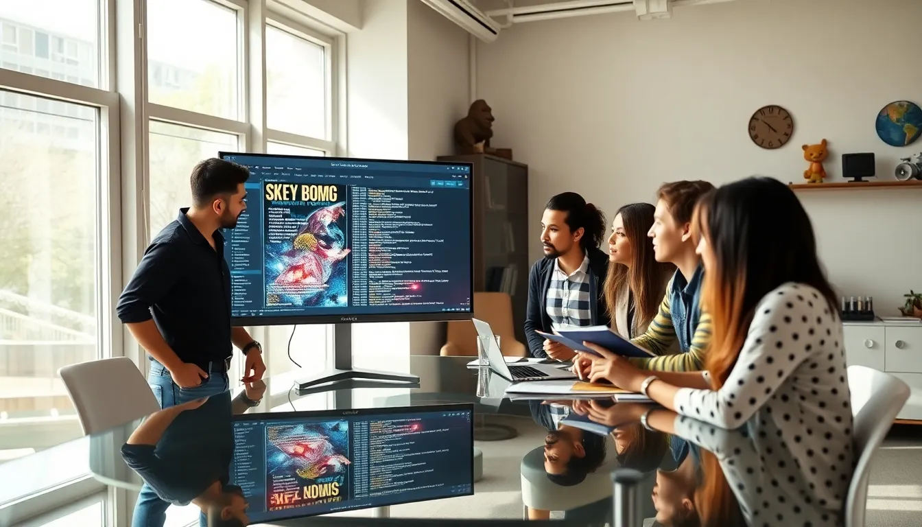 diverse team discussing Skyrim mod scripts in a modern office.