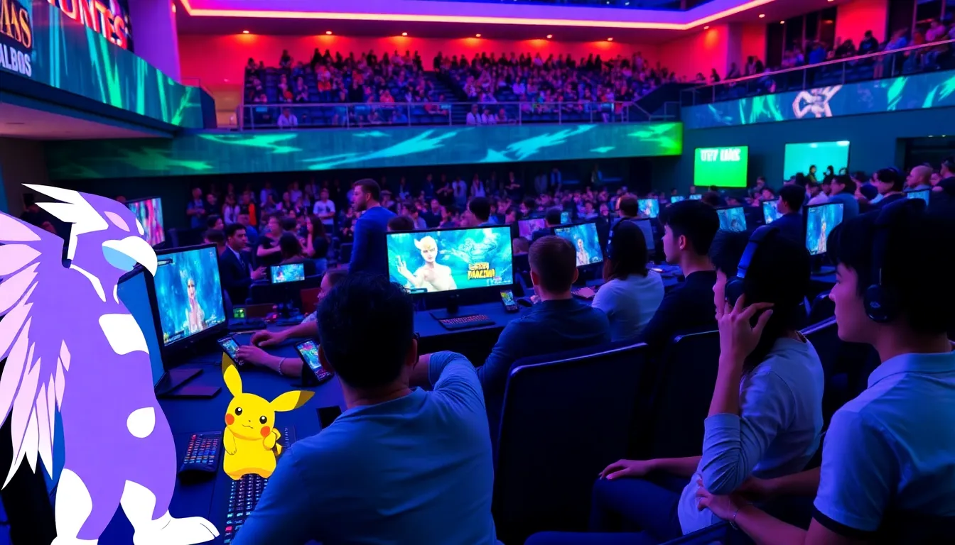 diverse gamers discussing character strategies in an esports arena.