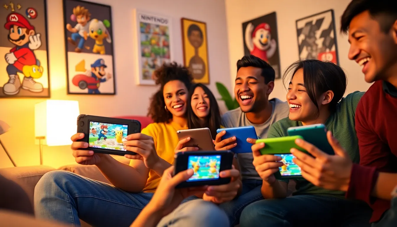 friends enjoying Super Smash Bros 3DS in a cozy living room.