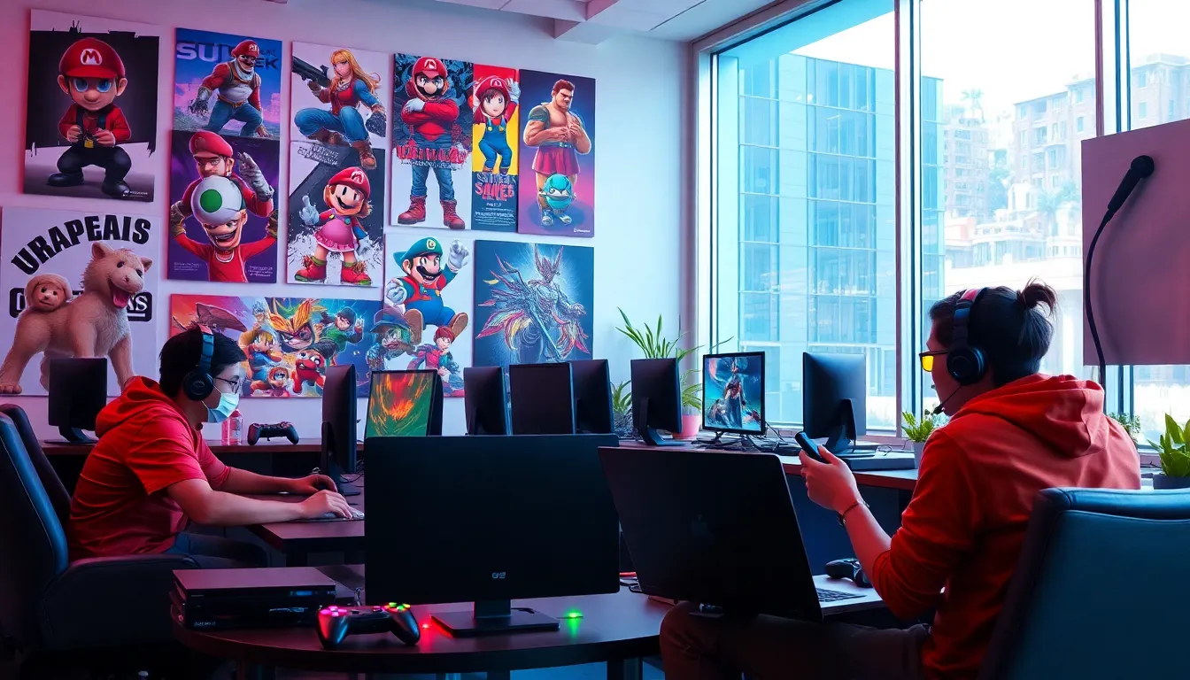 gamers collaborating on Super Smash Bros mods in a modern lounge.