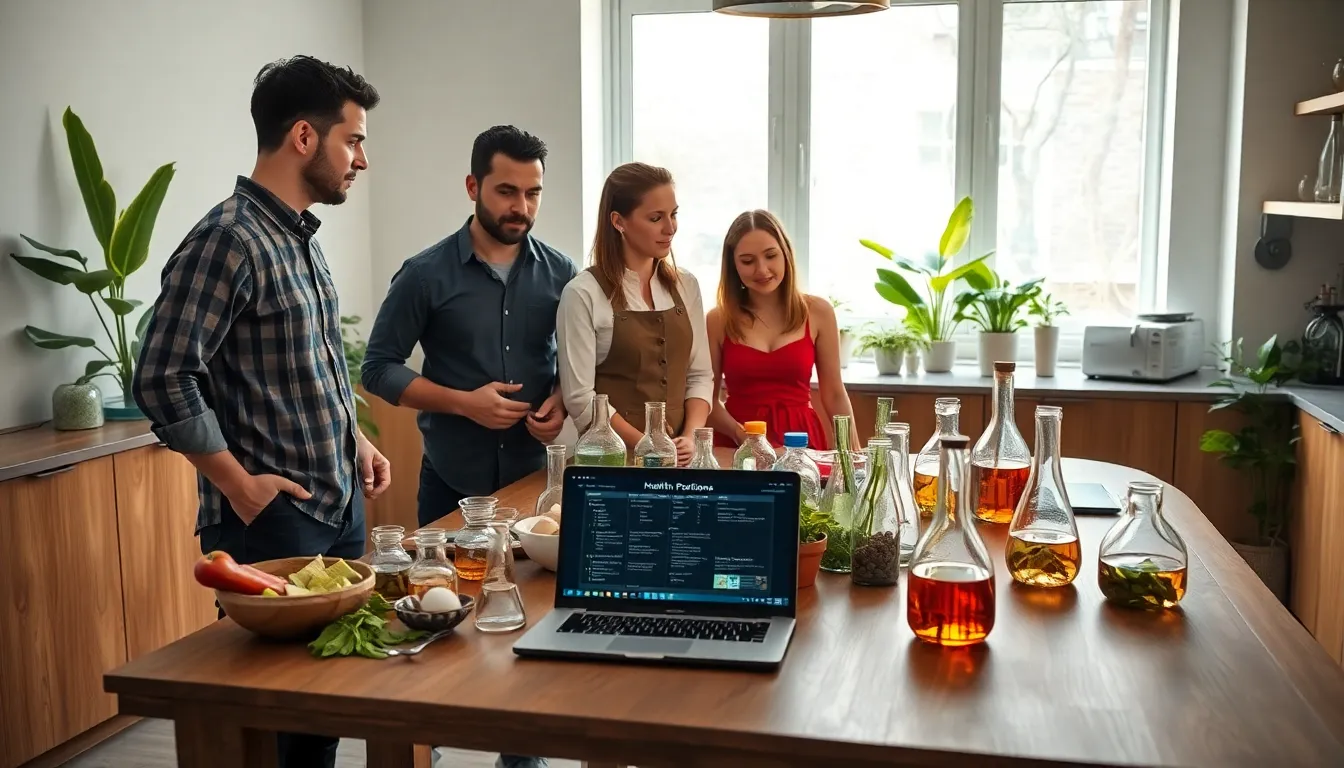 professionals crafting health potions in a modern kitchen.